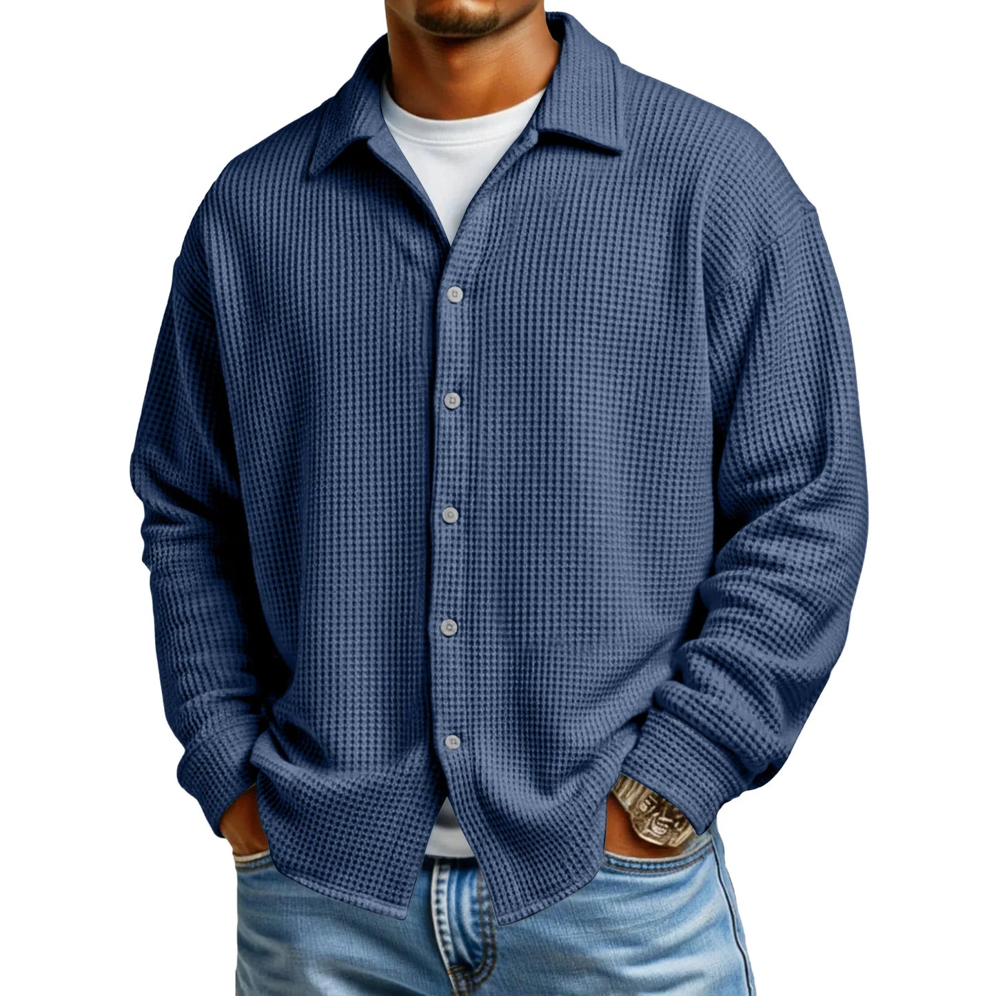 Men Casual Button Down Shirt Long Sleeve Collar Shirt Waffle Texture Loose Fit Fashion Men Top Trendy Outfit Daily Wear