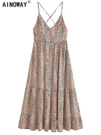 Vintage Chic Women Leopard Print V-neck Sleeveless Beach Bohemian Sundress Ladies Summer Sexy Backless Boho Maxi Dress Robe