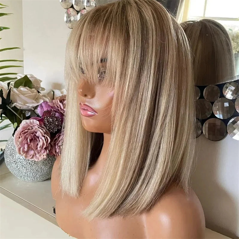 Full Human Hair Wigs with Bangs Glueless WEar and go Wig for Women Natural Straight Lace Front Wig Fringe Ombre Blonde Color Wig
