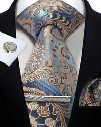 Mens Tie Set Silk Silver Paisley Floral Necktie and Pocket Square Cufflinks Tie Clip Classic Formal Ties for Men Wedding Party