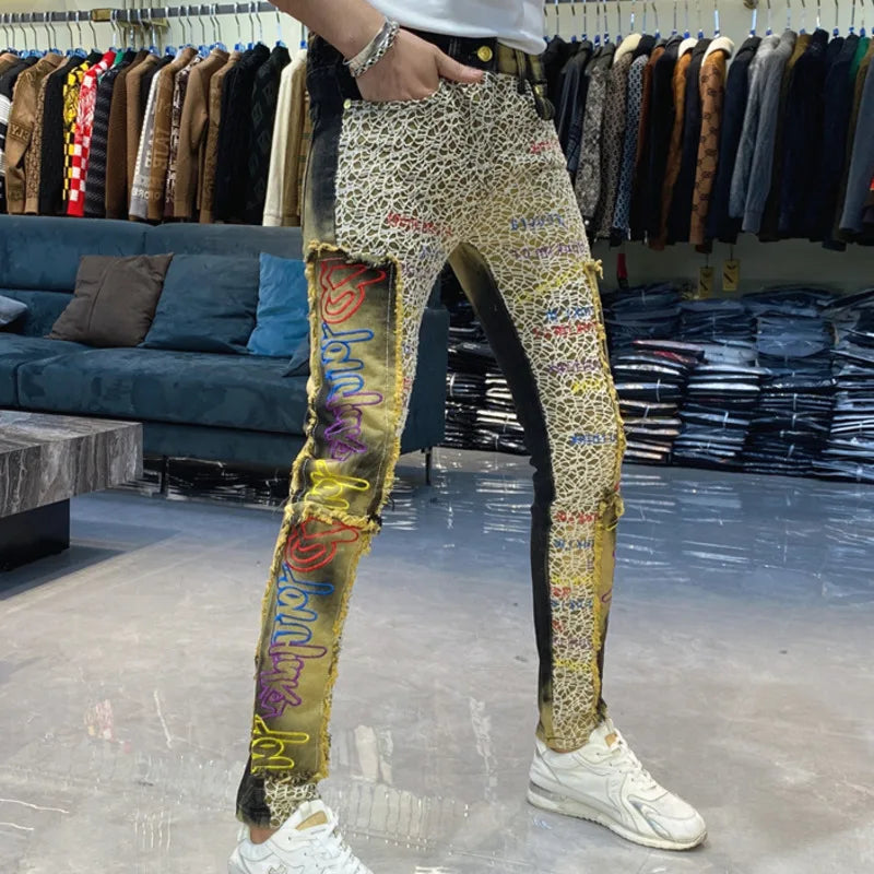 Men's Letter Embroidery Jeans New Punk Motorcycle Pants Jean Homme Elastic Slim Fit Versatile Jean For Men Hip Hop Jean Hombre