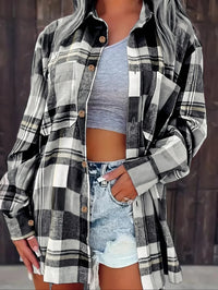 Women Plus Size Fashion Plaid Printed Shirt Casual Loose Long Sleeved Shirt  Lapel Design Shirt Tops