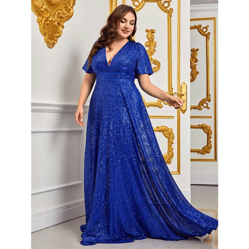 Plus Size Blue Sequins Shiny Maxi Evening Dress 4XL5XL Luxury V Neck Short Sleeve Loose 2023 Summer Plus Size Shiny Dresses