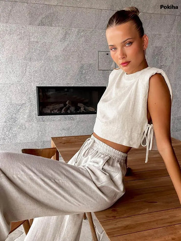 Summer 2023 Women Holiday Linen Pant Set Crop Tops Solid Outfits 2 Two Piece Matching Set For Women Sleeveless Casuals Fashion