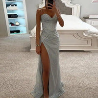 Women Evening Dress Shiny Sequin Spaghetti Strap Maxi Dress Off Shoulder Sleeveless Low-cut High Split High Waist Prom Dress