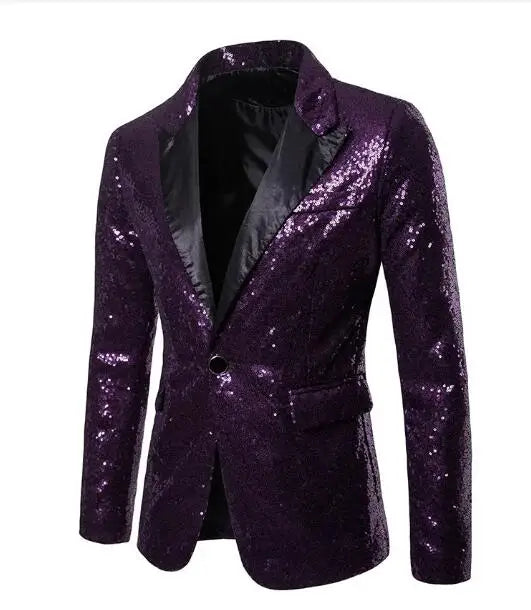 Shiny Sequin Men's Suit Jacket, Stage Performance Coat, White Silver Blue Red Purple Blazers V-neck Single Button S M L XL XXL