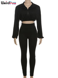 Weird Puss Women Tracksuit 2 Piece Set 2024 Autumn Casual Zip Thin Drawstring Jacket+Leggings Matching Streetwear Sporty Suit