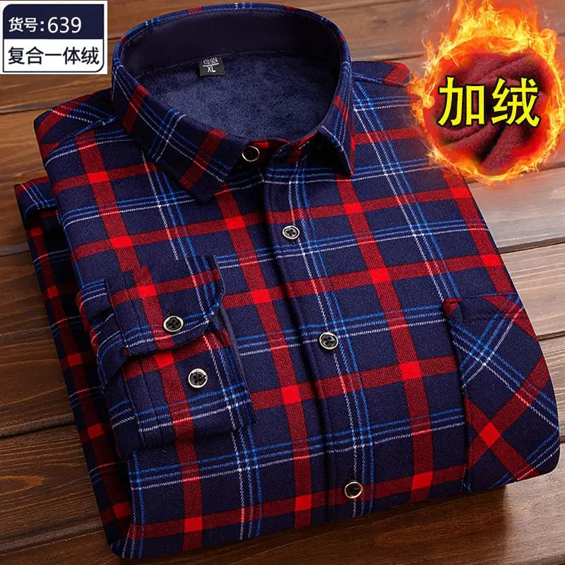 Autumn and Winter Men's Long-sleeved Fleece Shirt Thermal Shirt Plaid Jacket Clothes Men's Clothing Streetwear Men Shirts