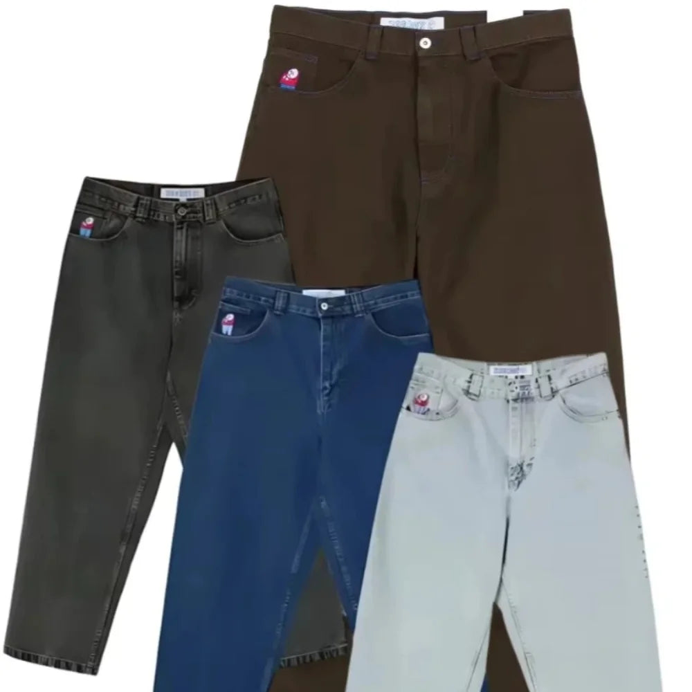 Hip Hop Retro Blue Cartoon Embroidery Jeans for men Gothic Baggy Streetwear Polar Big Boy Jeans Mens Fashion Wide Leg Trouser