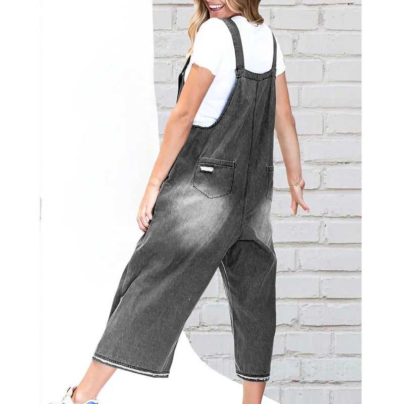 Women Denim Jumpsuits and Rompers Vintage Ripped Hole Wide Leg Jeans Overalls Ladies Casual Playsuits