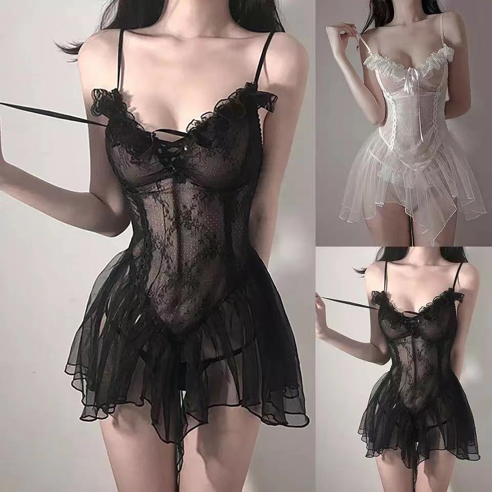 Sexy Lingerie Black Lace Short Nightdress Women Perspective Underwear Suspender Slim Dress Lolita Exotic Costume For Sex 18 Suit