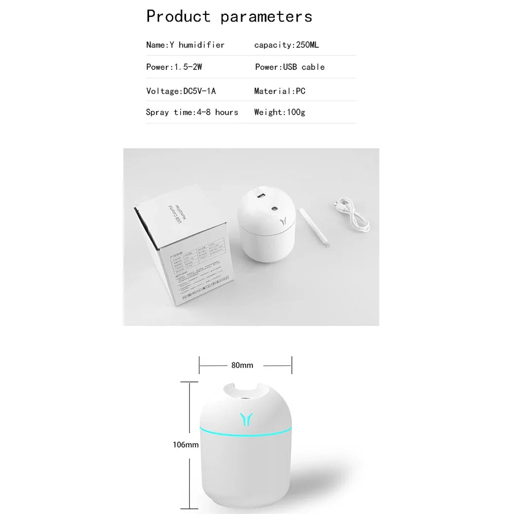 250ML USB Mini Air Humidifier Aroma Essential Oil Diffuser For Home Car Ultrasonic Mute Mist Maker Diffuser with LED Color Lamp