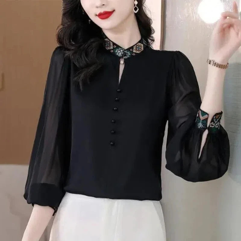 Spring Women Clothing Chiffon Shirt Stand Collar Embroidered Button New Chinese Style Fashion Elegant Long Sleeve Loose Tops