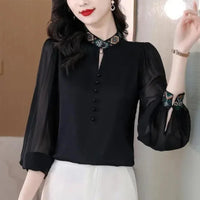 Spring Women Clothing Chiffon Shirt Stand Collar Embroidered Button New Chinese Style Fashion Elegant Long Sleeve Loose Tops