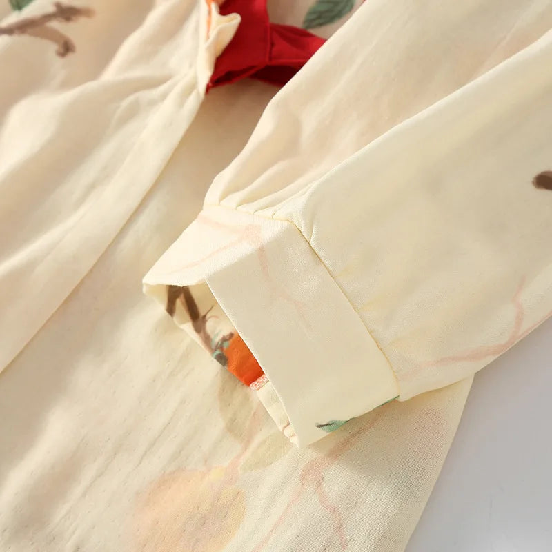 Spring and Summer Thin Cotton Wrinkled Gauze Antique Style Large Size Simple Diagonal Collar Long Sleeved Clothes for Women