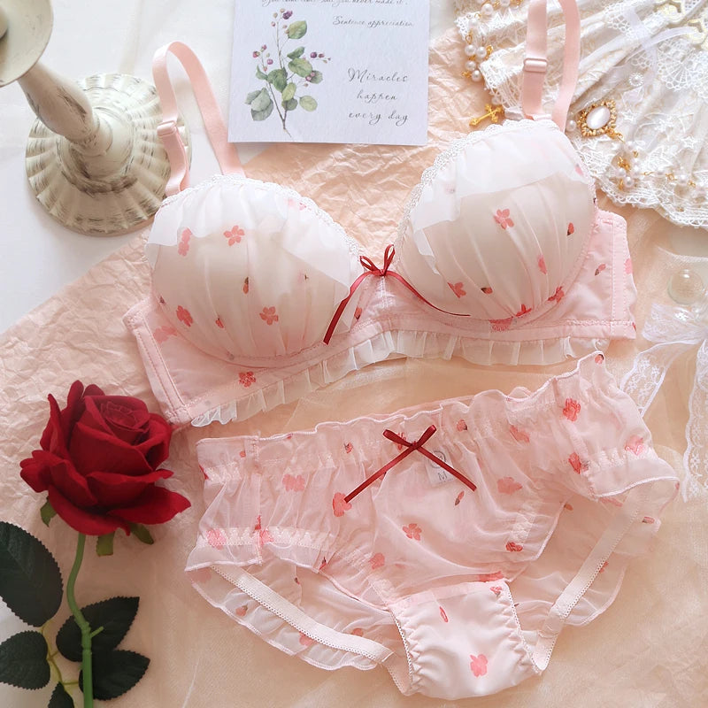 Japanese Kawaii Girl Bras Set Sweet Pink White Strawberry Cute Lace Underwear Bra and Panty Plus Size 70 75 80 85 90 A B C D Cup