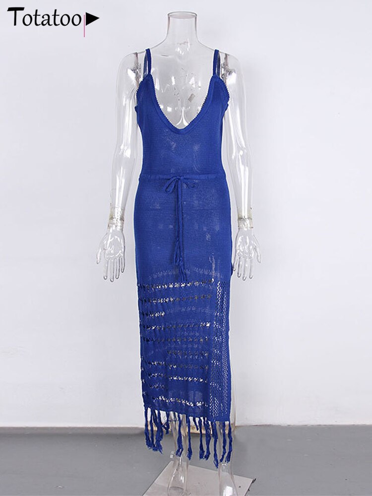 Totatop Beach Boho Knit Maxi Dress Women 2022 Summer Strap V Neck Drawstring Hollow Out Crochet Tassel Split Cover Up Swim Dress