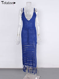 Totatop Beach Boho Knit Maxi Dress Women 2022 Summer Strap V Neck Drawstring Hollow Out Crochet Tassel Split Cover Up Swim Dress