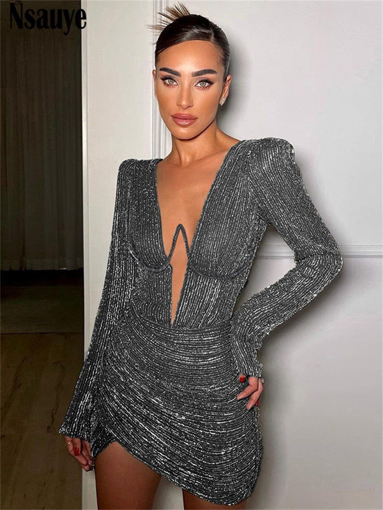 Nsauye Long Sleeve Dress Women Fashion Elegant Low Cut Sexy Mini Dresses  Ladies 2022 Autumn Evening Party Club White Dress