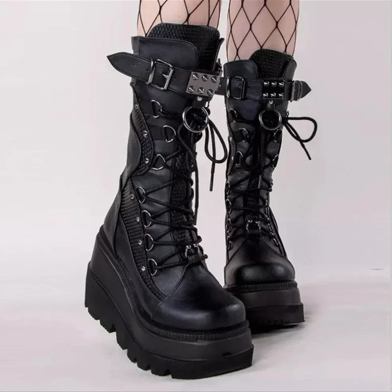 Women High Boots Cosplay Mid-calf Boots High Platform Wedges Boots 2023 Autumn Winter New Designer Gothic Shoes for Women Botas