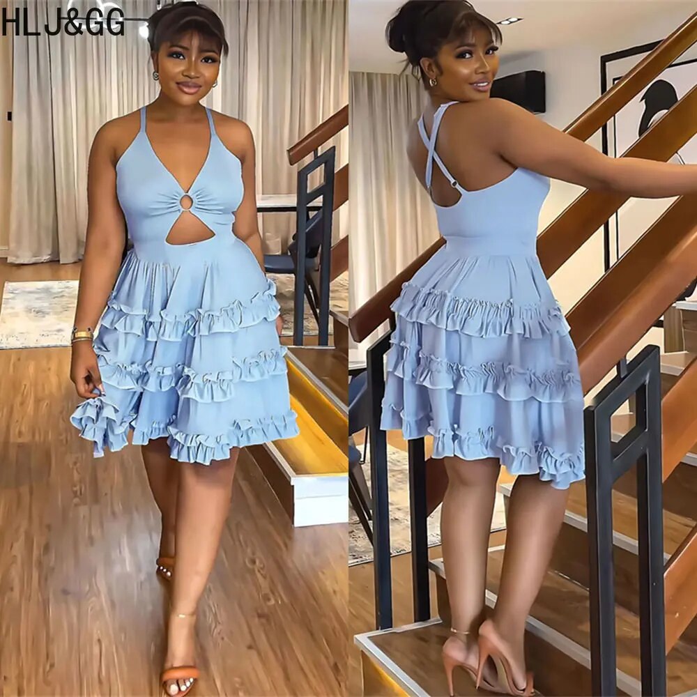 HLJ&GG Summer Solid Color Ruffles Elegant Dresses Women Halter Off Shoulder Aline Knee Dress Fashion Female Party Club Clothing