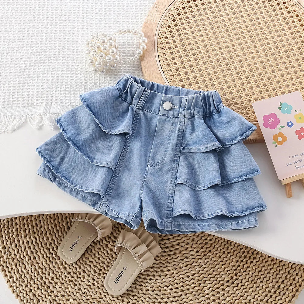 Cute Baby Girls Denim Shorts 2023 New Summer Fashion Tiered Ruffles Short Jeans Outerwear Children Kids Shorts 1-6Years Old