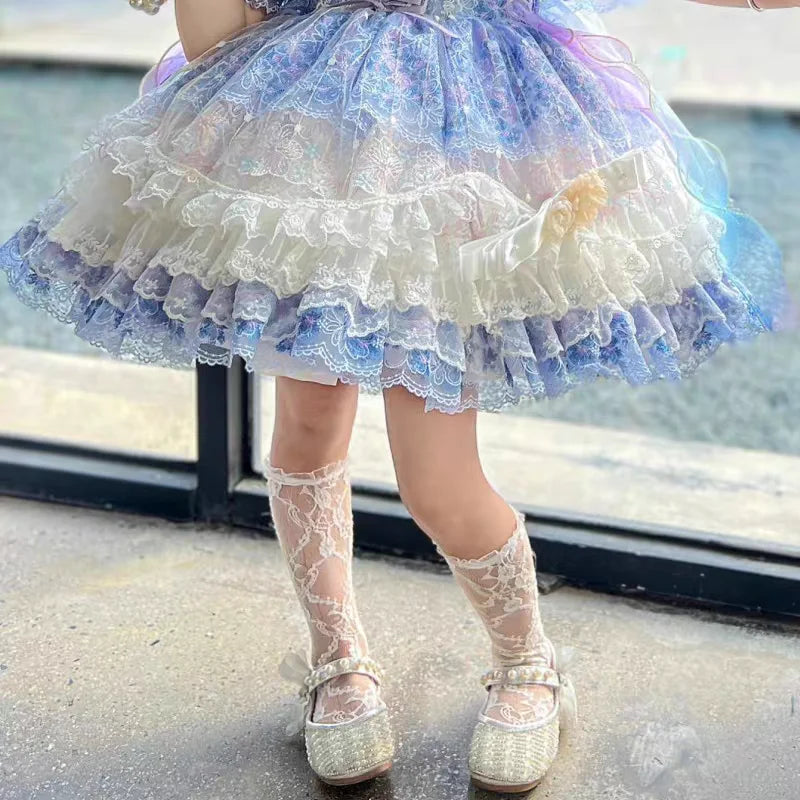 Lolita Skirt Base Socks White Lace Thin Ruffle Long Knee-high Sock for Kids Baby Princess Style Heart Bow Pattern Mesh Stockings