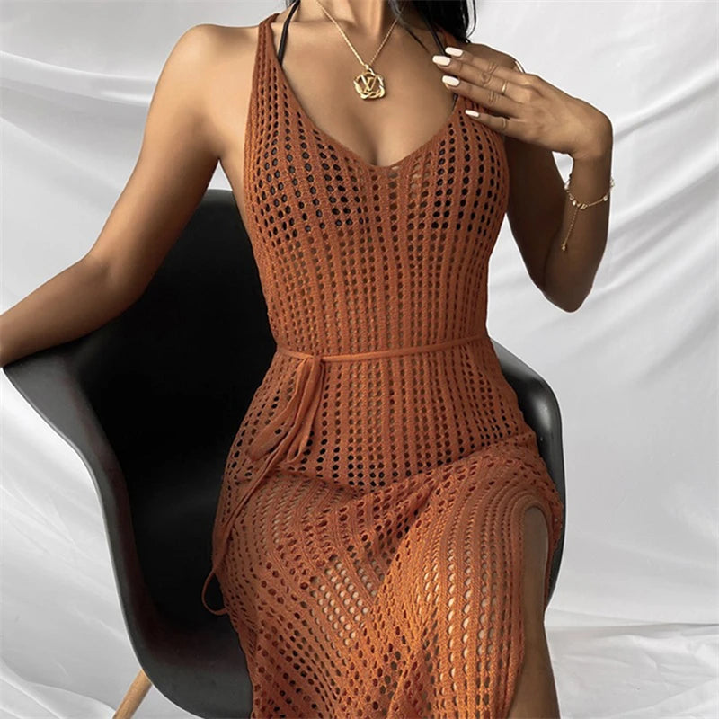 Crochet Tunic Knitted Kaftan Sexy Backless Vestidos Hollow Out Robe Long Beach Dress Slit 2023 Outer Cover Women Cover-ups Swim