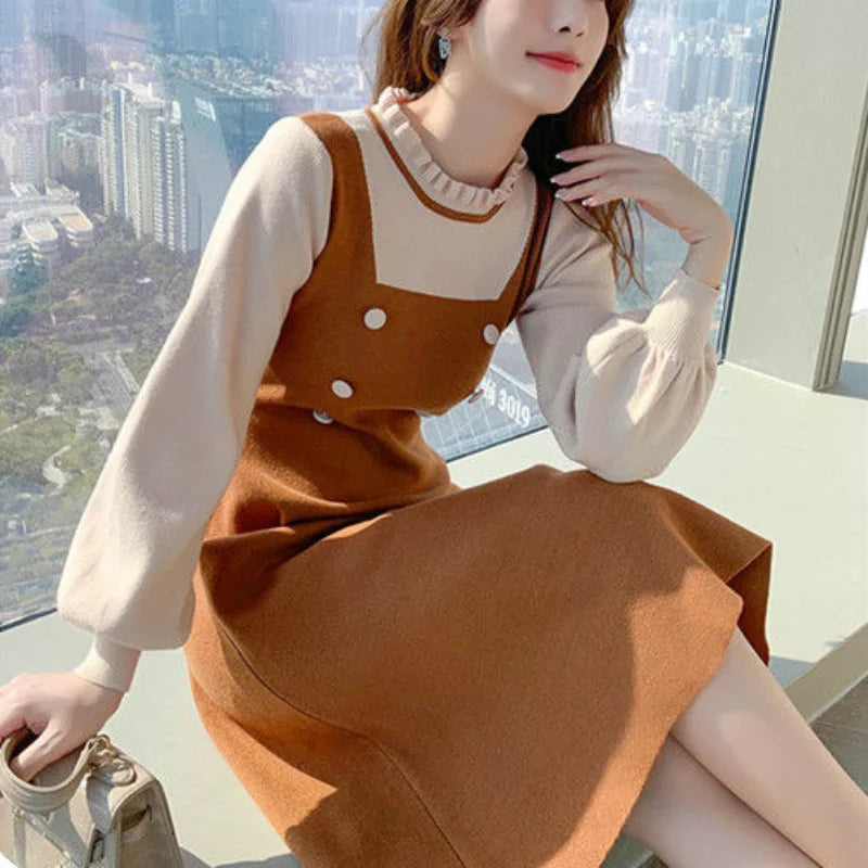 Crochet Sweater Dress Woman Vintage Loose Autumn Winter 2023 Knitted Casual Midi Long Sleeve Dresses Ladies Yellow Korean Style