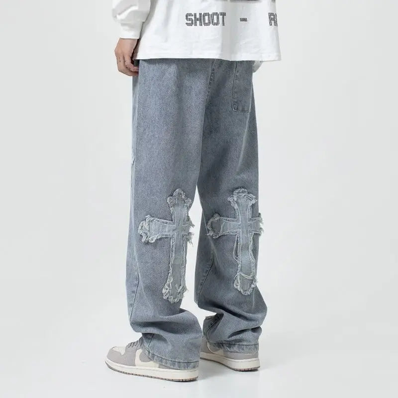 Men's street style loose jeans with vintage cross design, hip-hop trend wide leg pants, casual straight leg denim pants