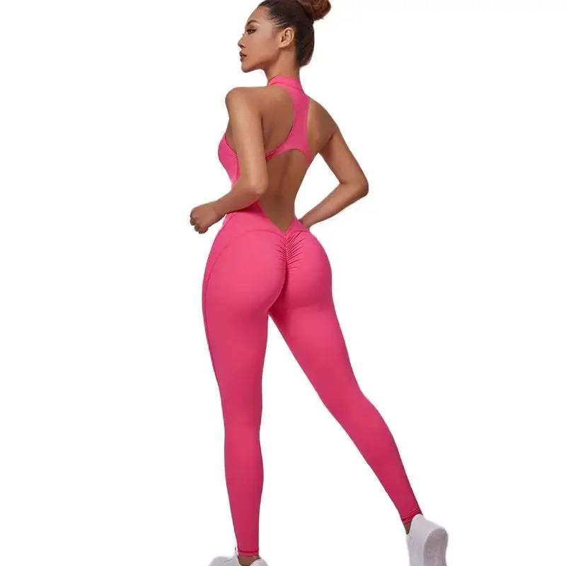 Women's New One-Piece Zipper Back Cutout Bodysuit Running Yoga Jumpsuit