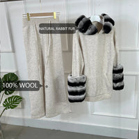 Women's Winter Coat Cashmere Women Chinchilla Rabbit Fur Cuff Sweater Wool Real fur cuff Cardigan Best