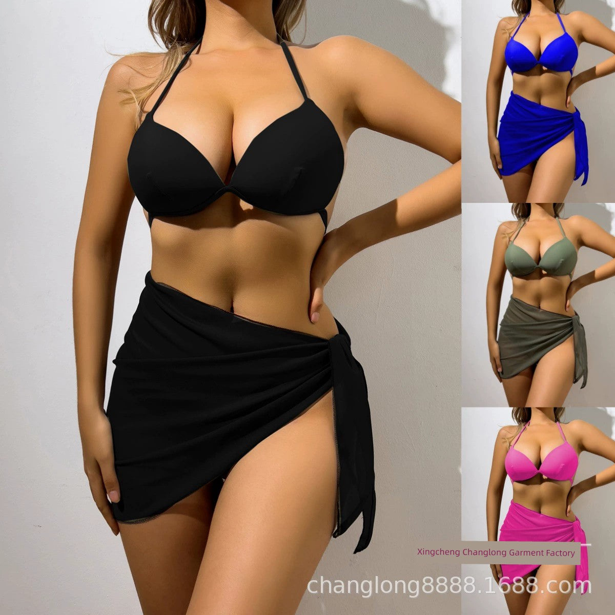 2024 Cross-Border Separates Swimsuit Sexy Pure Color Bikini Three-Piece Hard Bag Fashion Export Swimsuit Internet Celebrity