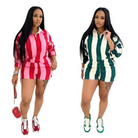 Women's Clothing Fashion Striped Sets Long Sleeve Polo-Neck T Shirt and Shorts 2025 Spring Summer 2 Two Piece Set Tracksuit
