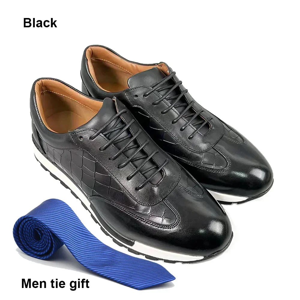 Luxury Business Casual Genuine Natural Cowhide Leather Men's Oxford Sneakers Spring Autumn Crocodile Pattern Anti-slip Footwear