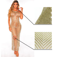 Sexy Sleeveless See Through Gold Metallic Distressed Knitted Beach Dress Covers Women Stretchy Mesh Dress Clubwears maxi dress