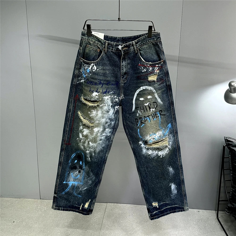 High End Men'S Clothing Hip Hop Graffiti Baggy Jeans For Men Streetwear Skateboard Ripped Jeans Korean Trendy Denim Trousers