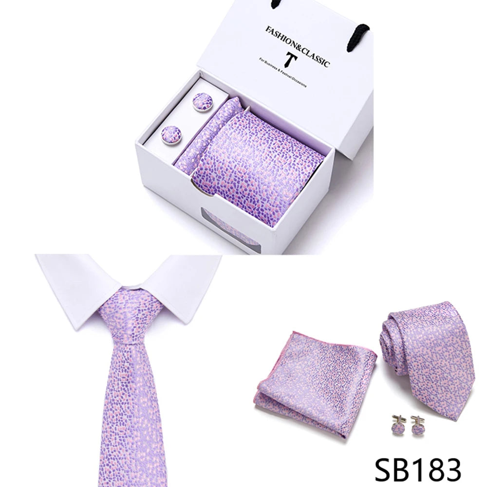 High Quality 7.5 cm Stripe Blue Tie Pocket Square Cufflinks Set For Men Gift Box Wedding Gravatas Fit Workplace