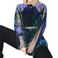 Solid See Through Tshirt Women Sexy Tops O-Neck Long Sleeve T Shirt For Women Clothing Club Y2k Aesthetic Egirl Tees