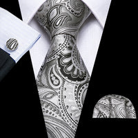Barry.Wang Black White Gray Silver Men Tie Handkerchief Cufflinks Set Jacquard Necktie for Male Wedding Business Party Gift