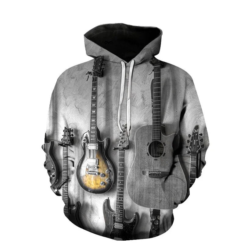 Vintage Men Spring Autumn Music Enthusiast 3D Guitar Graphic Hoodies Hip Hop Art Style Pullovers Women Casual Drum Kit Coat