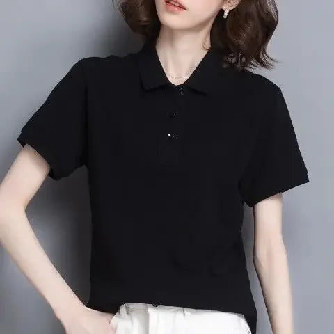 T-shirts Button Red Plain Women's Polo 100℅ Cotton Fashion 2025 Cheap Female Tee Tops Pretty Korean Popular Clothes Synthetic
