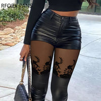 Women Mesh&Pu Leather Patch High Waist Zipper Pants Skinny Spring&Autumn Black Pencil Pants