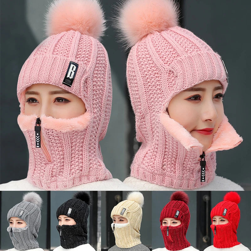 Coral Fleece Women Knitted Hats Add Fur Warm Winter Hats for Women with Zipper Scarf  Keep Face Warmer Balaclava Pompoms Cap