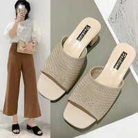 Women Slippers 2022 summer Closed Toe Comfort Slippers Women Fashion Fly Weave Outdoor Sandals Women Medium Heel Slippers