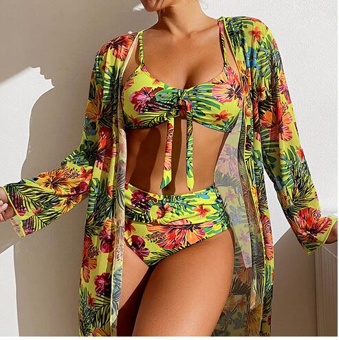 2023 Sexy New 3 Pcs Long Sleeve Bikini Cover Up Swimwear Women Beach Wear High Waist Shorts