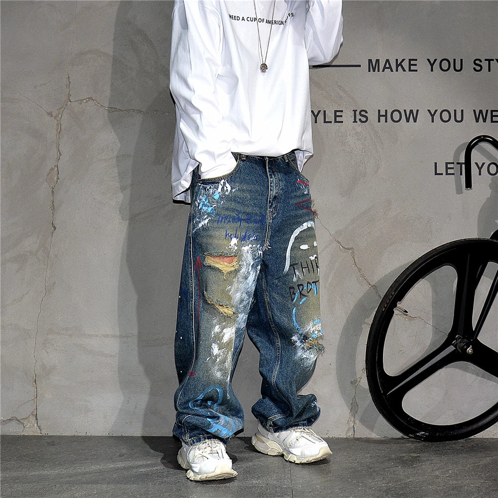 High End Men'S Clothing Hip Hop Graffiti Baggy Jeans For Men Streetwear Skateboard Ripped Jeans Korean Trendy Denim Trousers