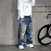 High End Men'S Clothing Hip Hop Graffiti Baggy Jeans For Men Streetwear Skateboard Ripped Jeans Korean Trendy Denim Trousers