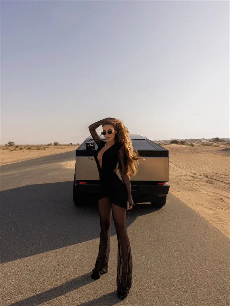 Blifanbo Sexy Deep V Mesh Long Sleeve Jumpsuit  Women Autumn Double Layer Patchwork Ruched Bodycon Jumpsuit Rompers New 2025