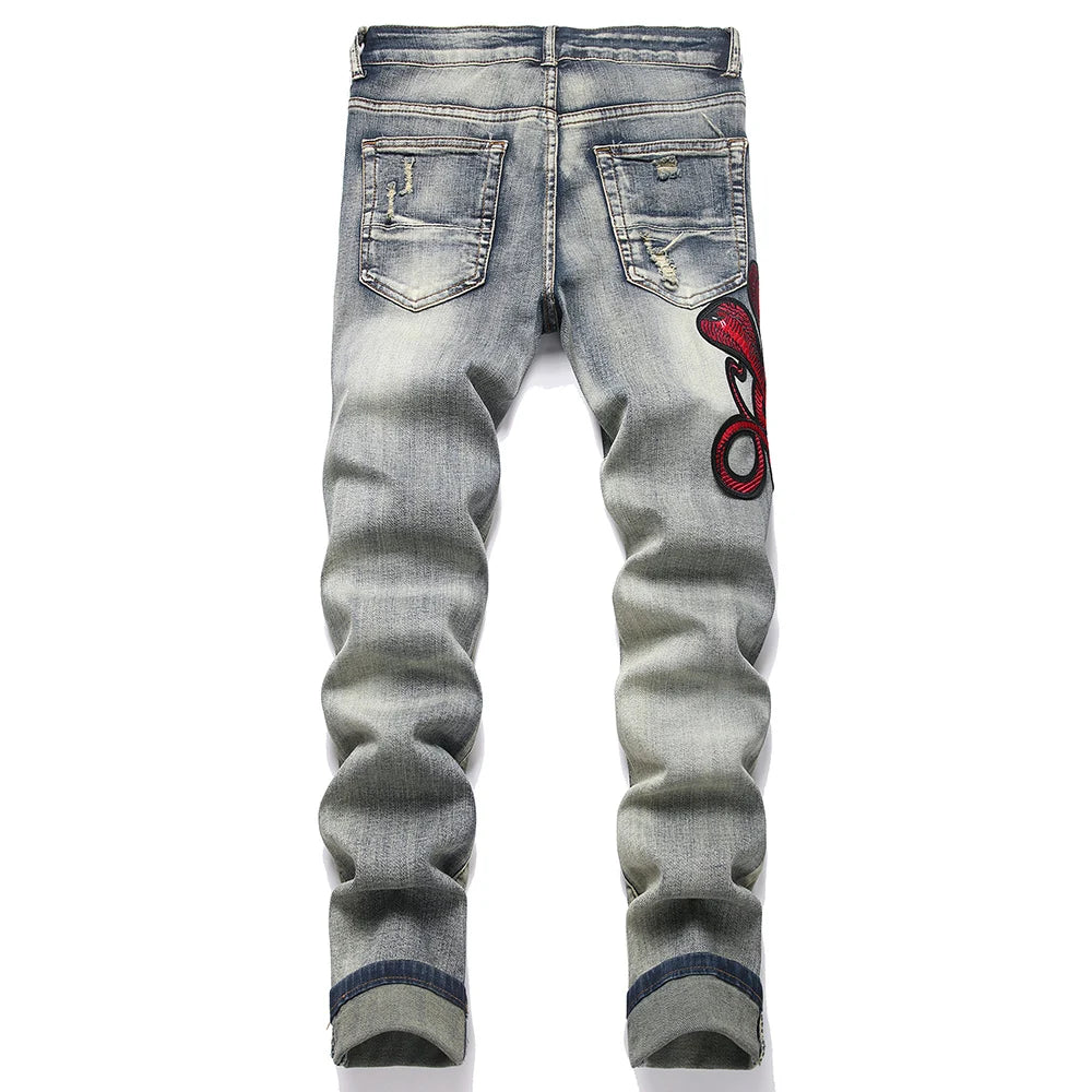 Men's Snake Embroidery Stretch Denim Jeans Streetwear Red Leather Patch Slim Tapered Pants with Holes And Rips Trousers